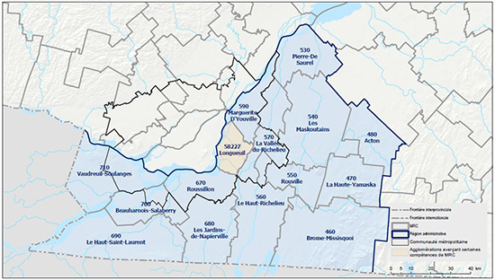 Carte de la région administrative de la Montérégie
